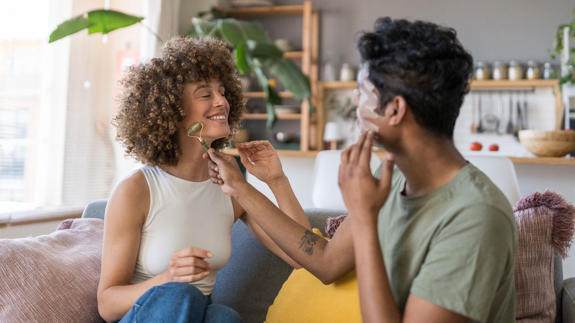 Friends taking care of their skin at home