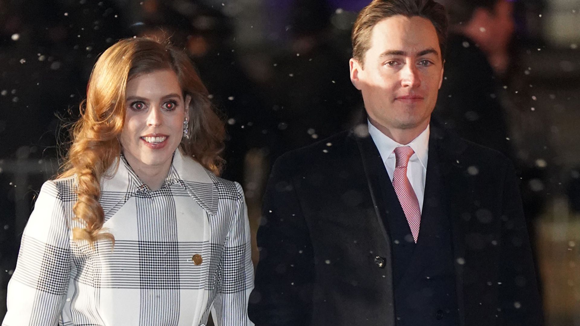 princess beatrice wears white and grey coat