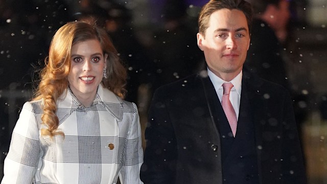 princess beatrice wears white and grey coat