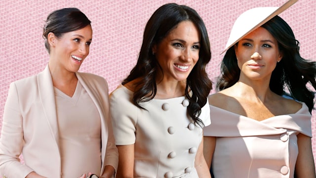 Meghan in three pink outfits