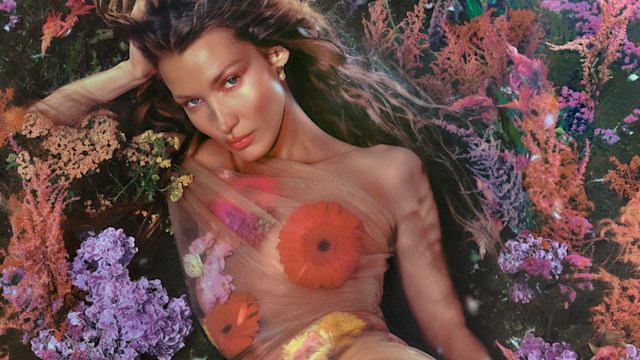 Bella Hadid lying in a meadow