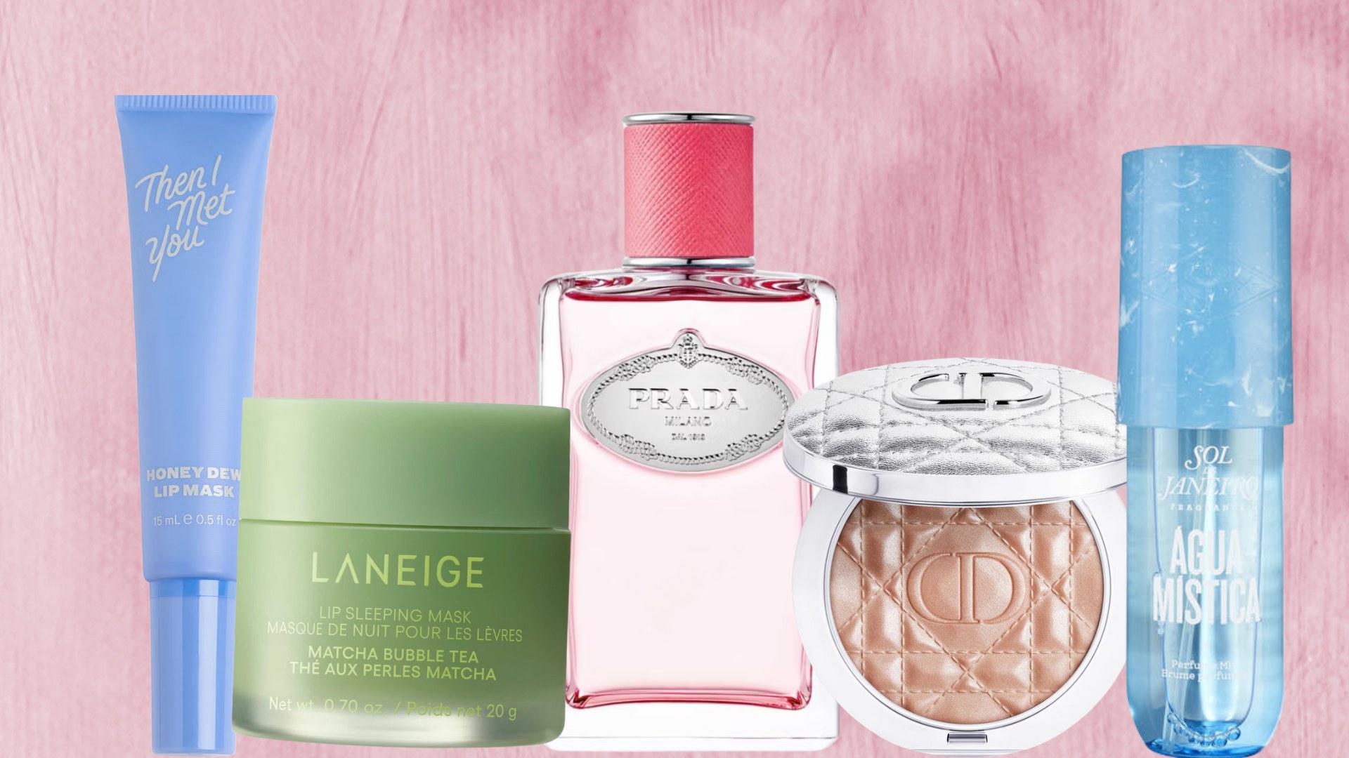 laneige lip scrub, then i met you lip balm, prada purfume, and sol dejeniro body mist 
