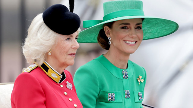 Queen Camilla and Catherine, Princess of Wales travel in the royal carriage during Trooping the Colour on June 17, 2023 in London, England