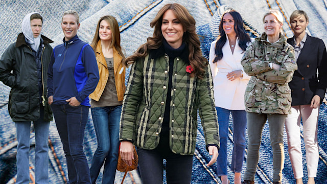 princess anne, zara tindall, queen letizia, Princess Kate, meghan markle, duchess sophie, princess charlene with denim backdrop