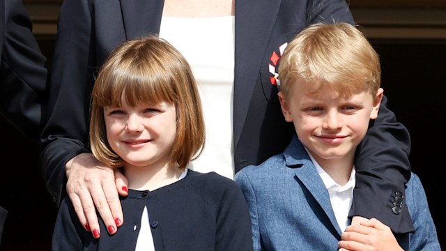 Princess Charlene of Monaco, Princess Gabriella of Monaco and Prince Jacques of Monaco attend the Sainte Devote Rugby Tournament on April 22, 2023 