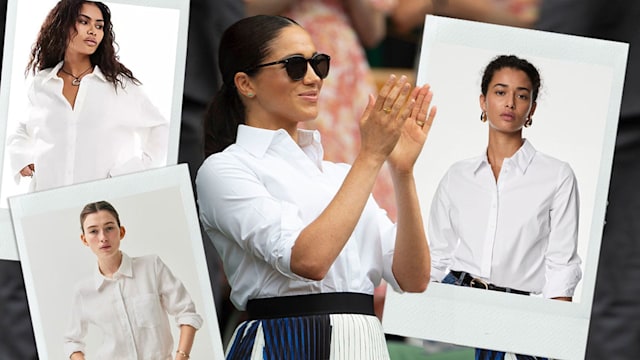 Meghan Markle wearing white shirt; models wearing white shirts