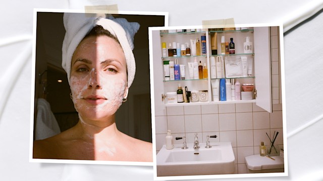 Influencer Emma Hoareau with skincare on her face and a photo of her bathroom 'shelfie'