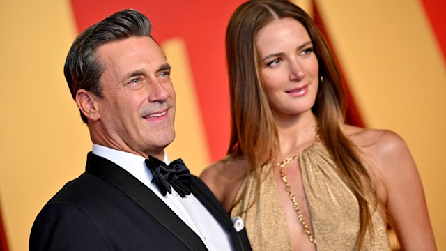 BEVERLY HILLS, CALIFORNIA - MARCH 10: Jon Hamm and Anna Osceola attend the 2024 Vanity Fair Oscar Party Hosted By Radhika Jones at Wallis Annenberg Center for the Performing Arts on March 10, 2024 in Beverly Hills, California. (Photo by Lionel Hahn/Getty Images)