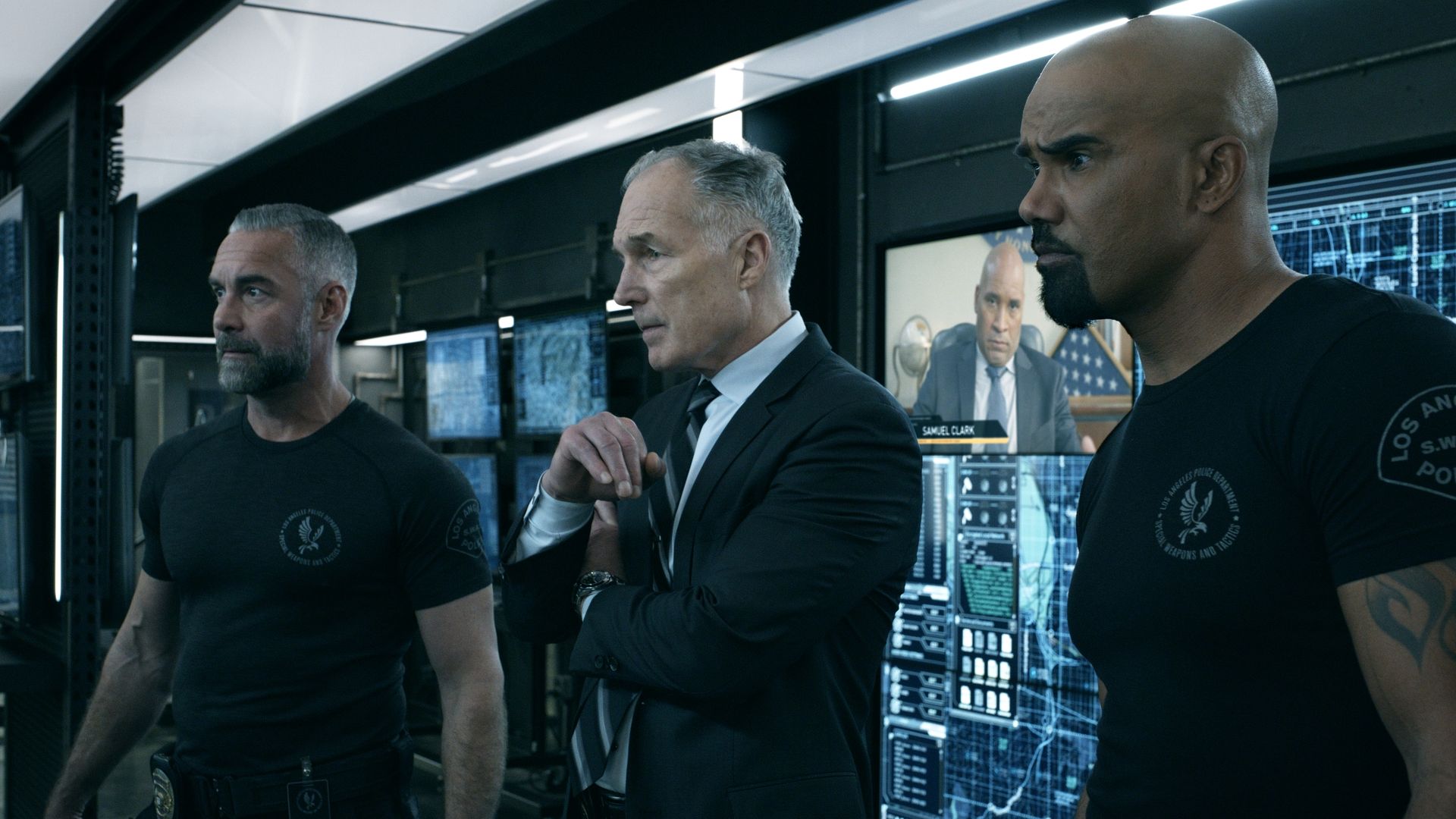 Jay Harrington as David "Deacon" Kay, Patrick St. Esprit as Commander Robert Hicks, and Shemar Moore as Daniel "Hondo" Harrelson on S.W.A.T. in 2023