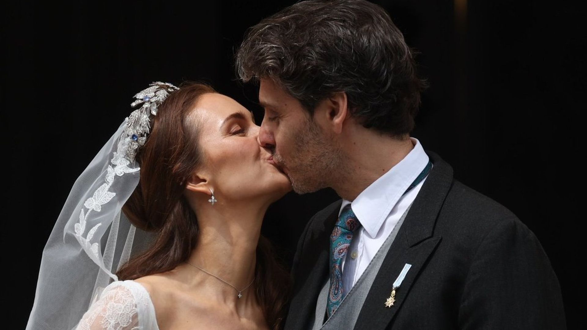 Ludwig Prince of Bavaria and his wife Sophie-Alexandra Princess of Bavaria kiss after their church wedding on Odeonsplatz in front of the Theatinerkirche. 