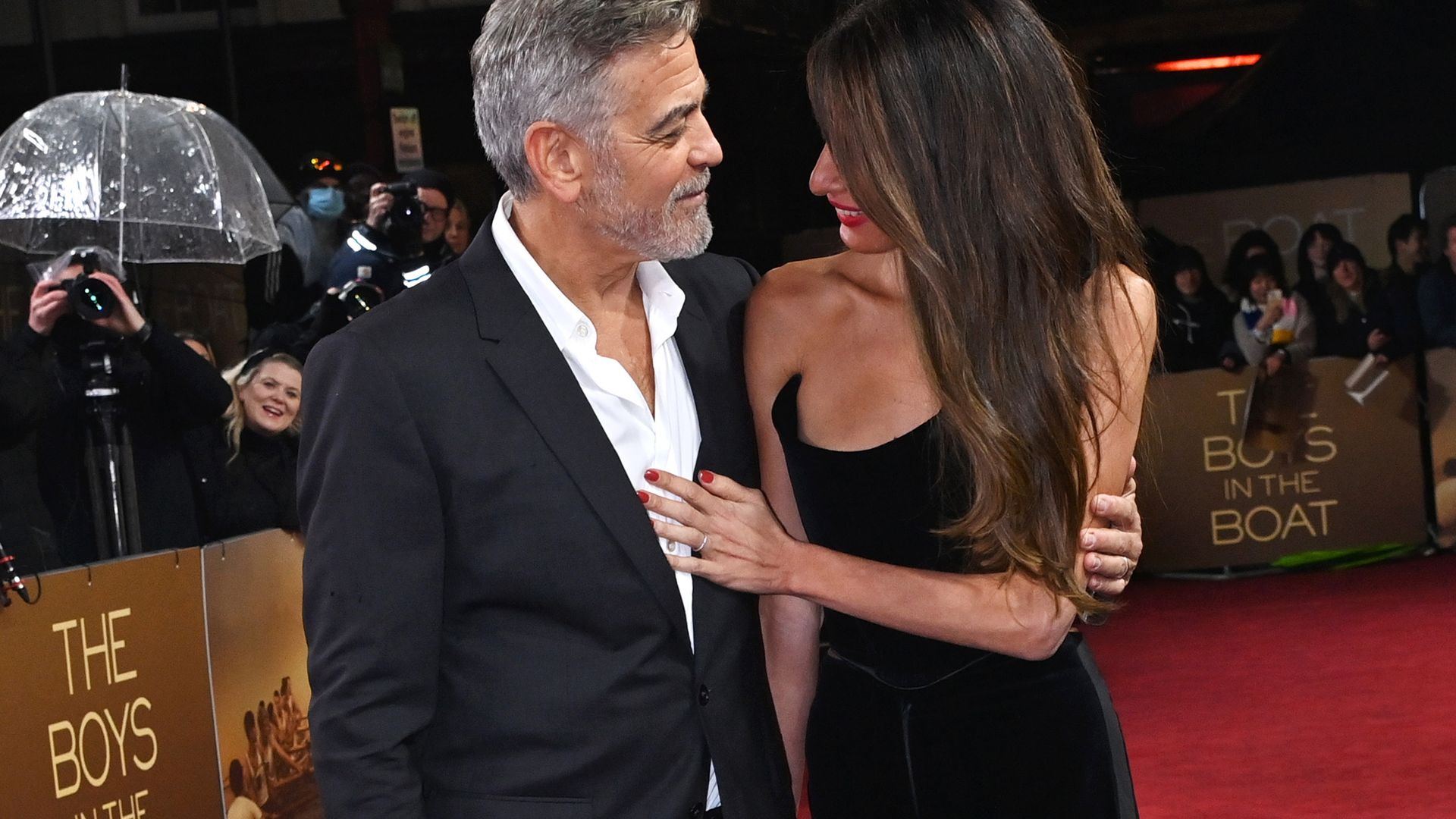 LONDON, ENGLAND - DECEMBER 03: George Clooney and Amal Clooney attend a special screening of "The Boys In The Boat" at The Curzon Mayfair on December 3, 2023 in London, England. (Photo by Dave Benett/WireImage)