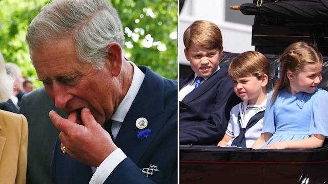 King Charles eating and his three grandkids George, Charlotte and Louis