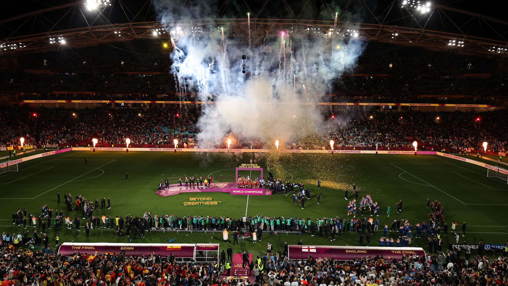 A general view of Stadium Australia as Spain lift the trophy during the FIFA Women's World Cup Australia & New Zealand 2023 Final match between Spain and England a