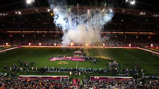 A general view of Stadium Australia as Spain lift the trophy during the FIFA Women's World Cup Australia & New Zealand 2023 Final match between Spain and England a