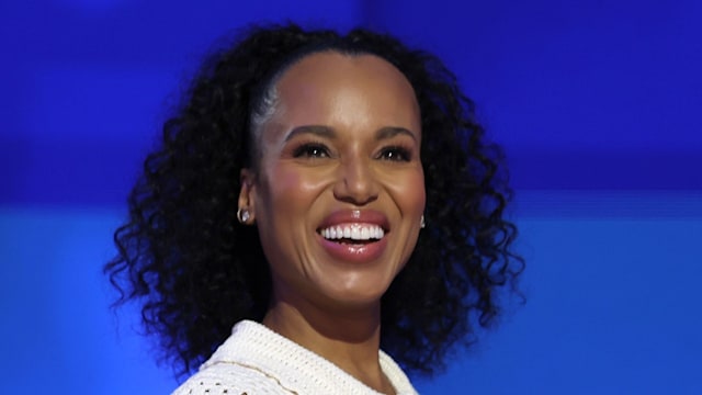 Kerry Washington reacts on stage during the final day of the Democratic National Convention at the United Center on August 22, 2024