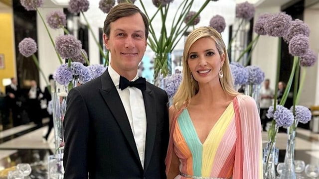 Ivanka Trump and Jared Kushner posing at a hotel lobby ahead of royal weddin