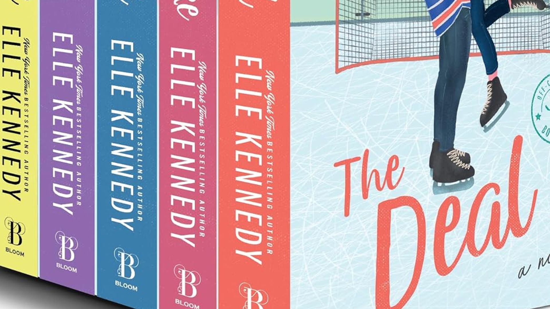 Five Off Campus books by Elle Kennedy lined up next to each other