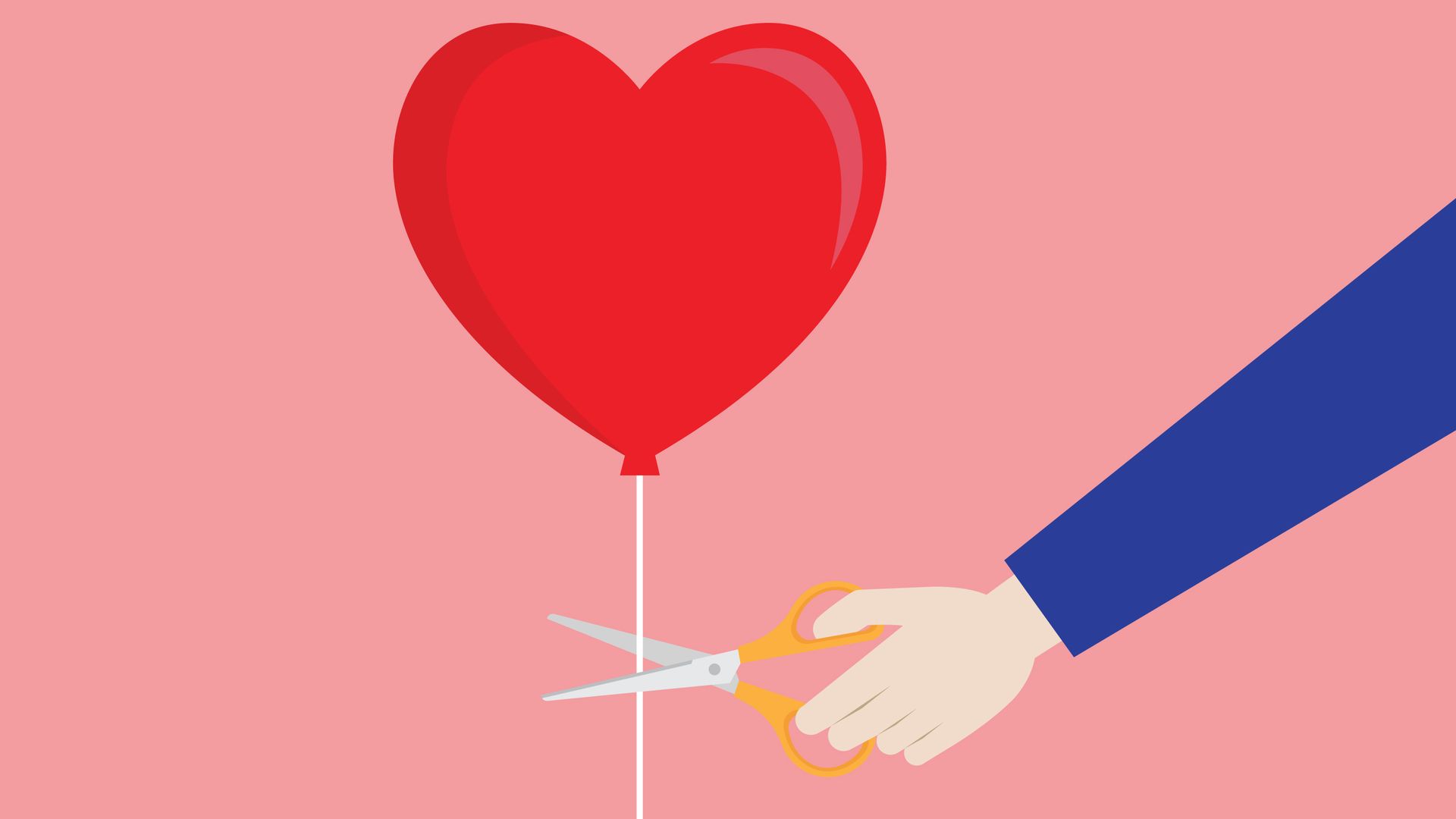 A carton arm holds scissors cut a heart shape balloon