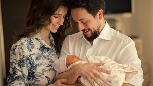 Princess Rajwa and Prince Hussein with newborn daughter Princess Iman