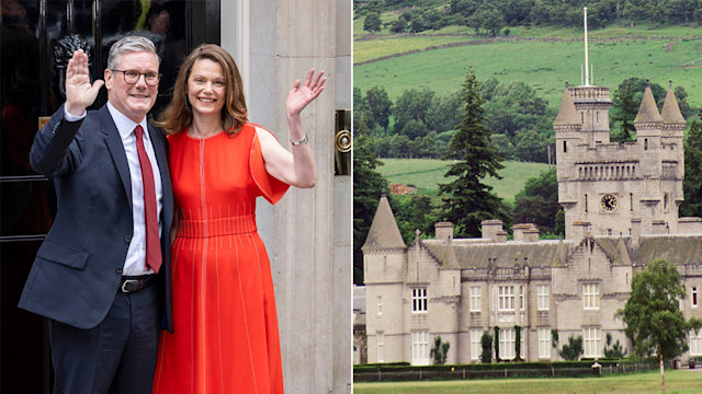 A split image of Kier and Victoria Starmer and Balmoral