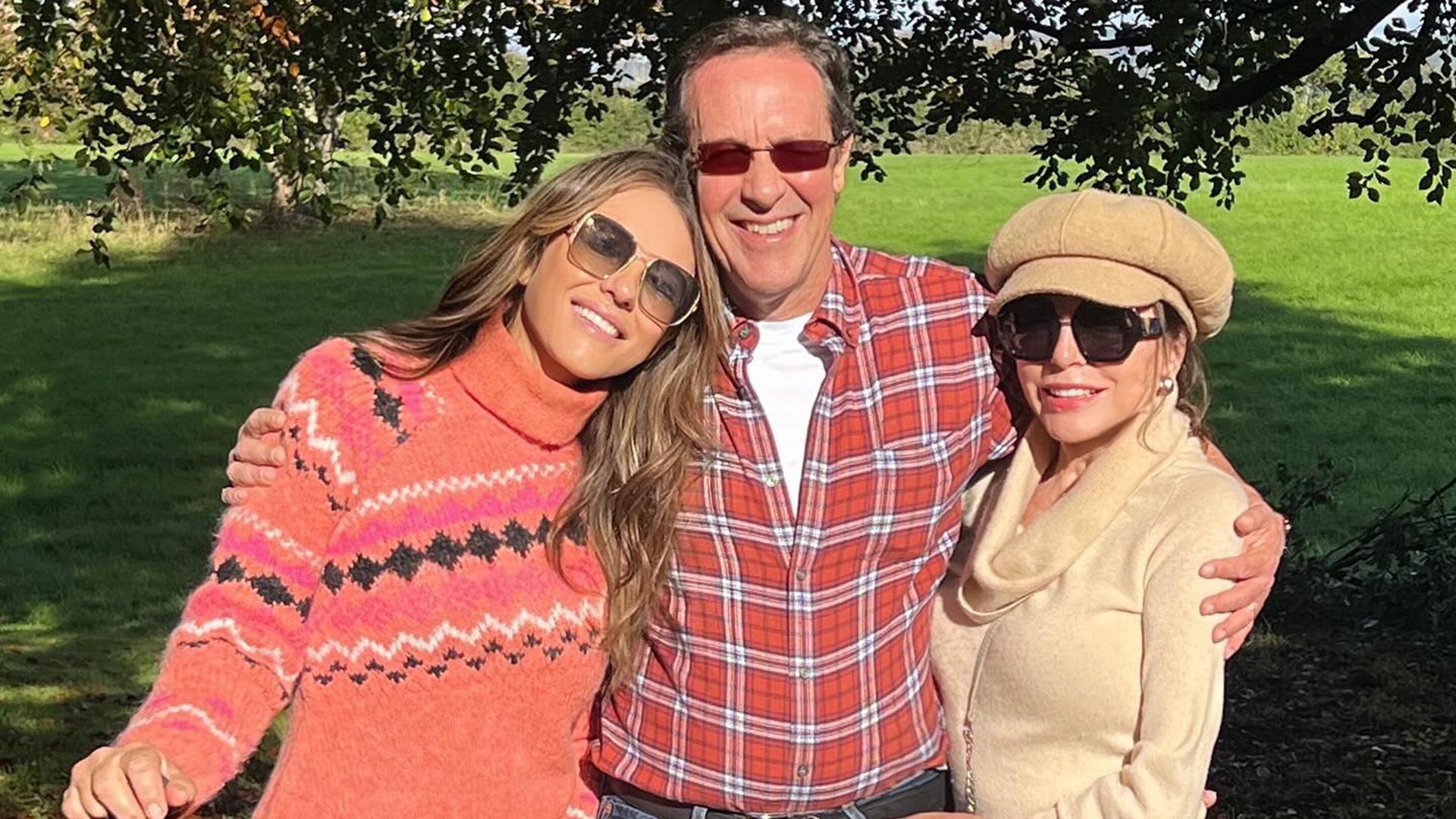 Elizabeth Hurley, Percy Gibson and Joan Collins on a walk in the country