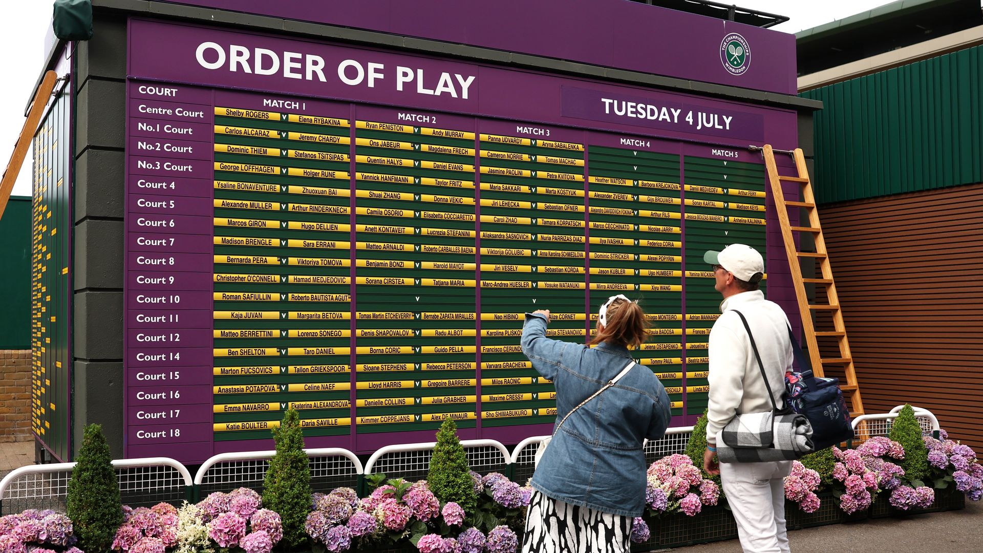 A board showing the games taking place at Wimbledon, two people stand looking at it