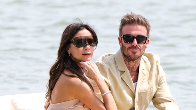 David Beckham and Victoria Beckham are seen during the "Le Chouchou" Jacquemus' Fashion Show at Chateau de Versailles on June 26, 2023 in Versailles, France