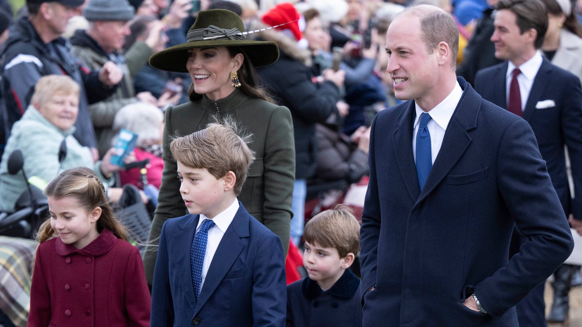 Kate Middleton and Prince William walking with Princess Charlotte, Prince George and Prince Louis