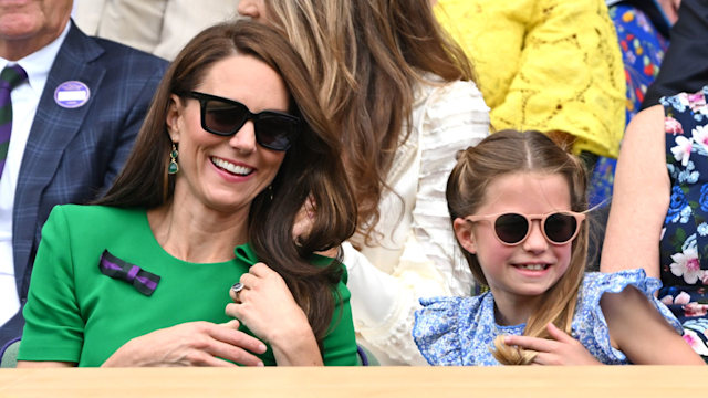 Catherine, Princess of Wales and Princess Charlotte of Wales watch Carlos Alcaraz vs Novak Djokovic in the Wimbledon 2023 men's final on Centre Court during day fourteen of the Wimbledon Tennis Championships at the All England Lawn Tennis and Croquet Club