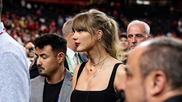 LAS VEGAS, NEVADA - FEBRUARY 11: Taylor Swift walks off of the field after the Kansas City Chiefs won Super Bowl LVIII against the San Francisco 49ers at Allegiant Stadium on Sunday, February 11, 2024 in Las Vegas, Nevada. (Photo by Lauren Leigh Bacho/Getty Images)