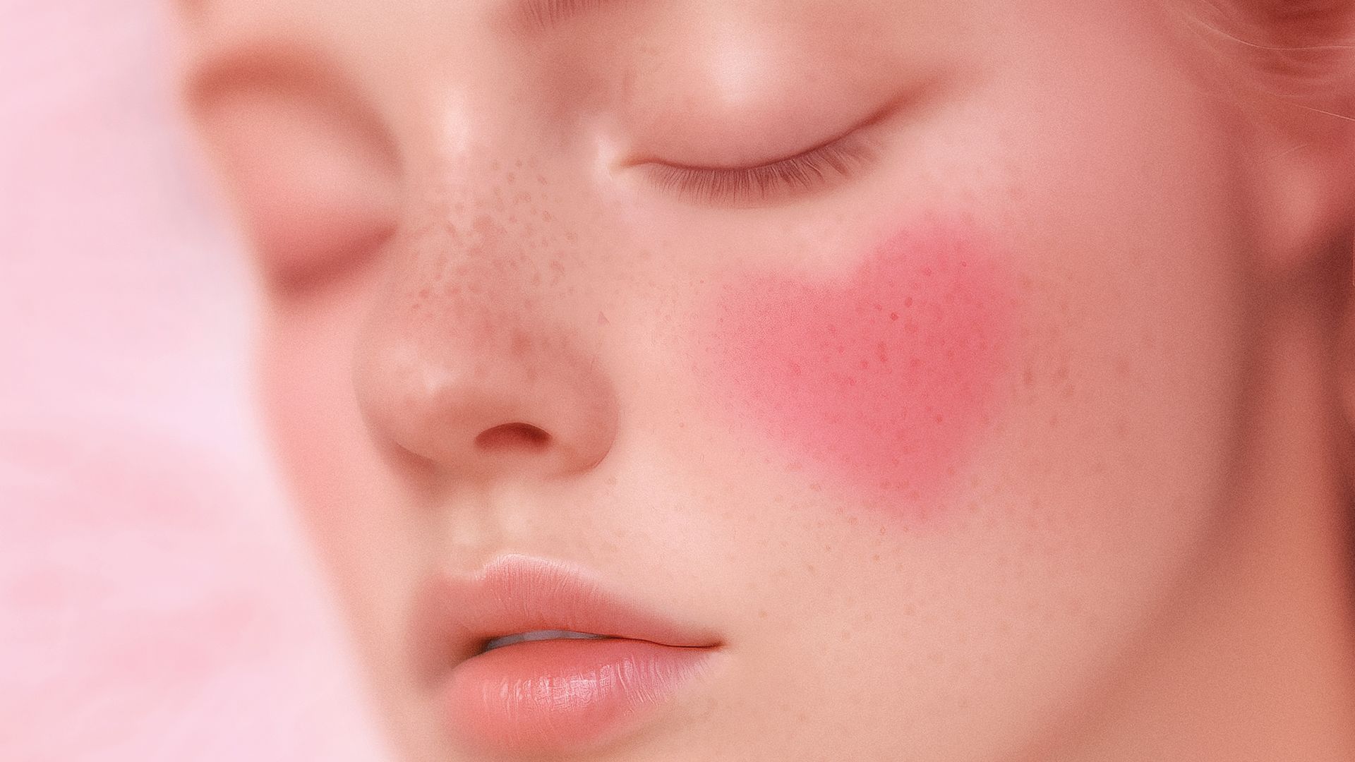 pretty pink soft woman  with hearts on her cheeks looking dreamy 