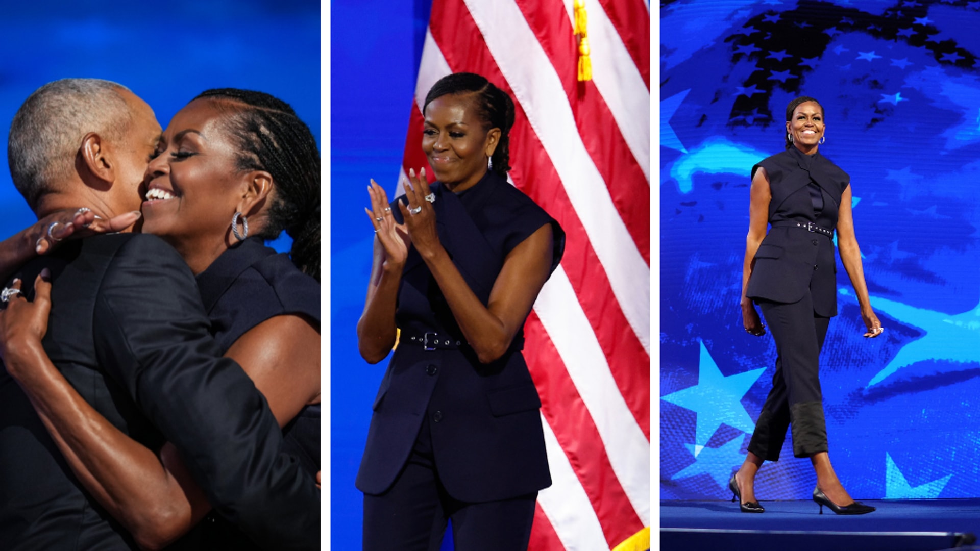 Michelle Obama is a vision in blue as she makes rare comments about her late mother at Democratic Convention