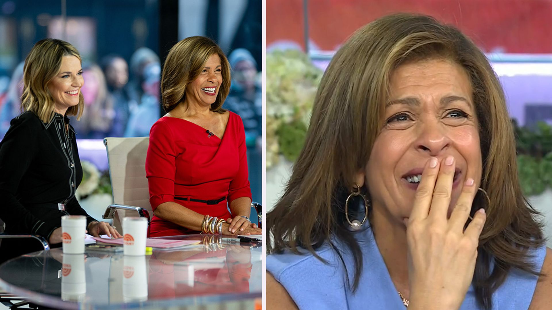 Savannah Guthrie, Hoda Kotb split image with Hoda Kotb in tears on Today