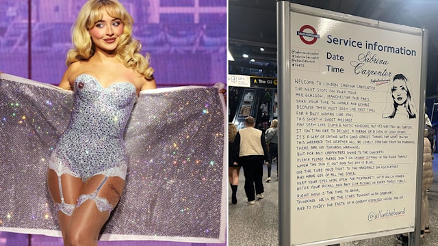 A split image of Sabrina Carpenter and the white board at the O2
