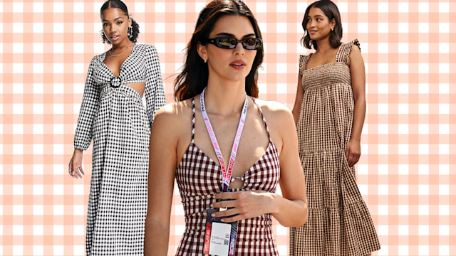 kendall jenner and models in gingham dresses on pink gingham background 