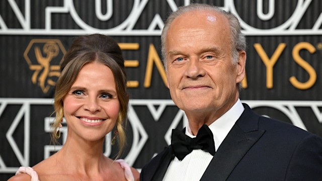 US actor Kelsey Grammer and wife Kayte Walsh arrive for the 75th Emmy Awards at the Peacock Theatre at L.A. Live in Los Angeles on January 15, 2024