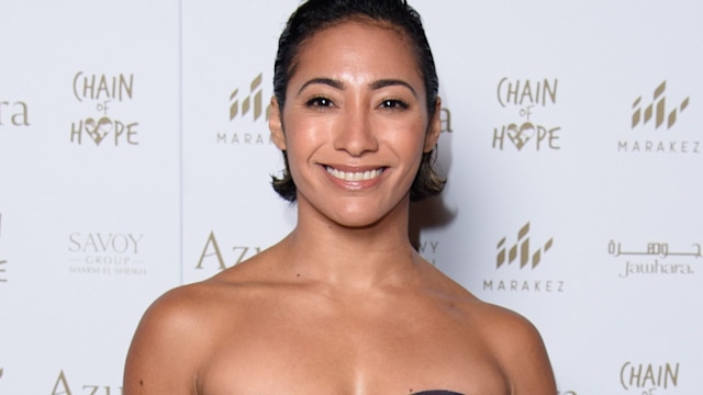 Karen Hauer in a strapless gown