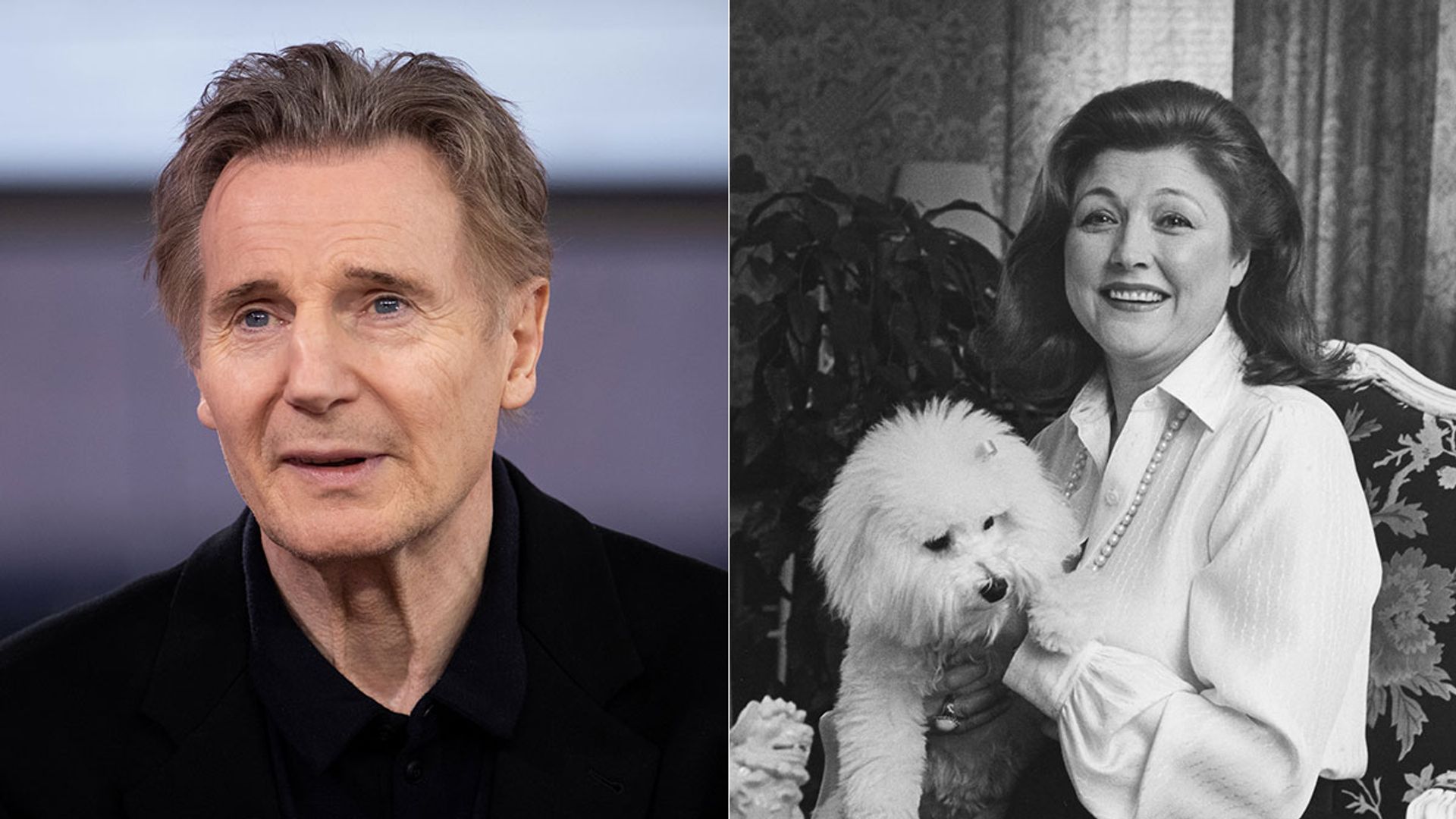 split image showing liam neeson and barbara taylor bradford
