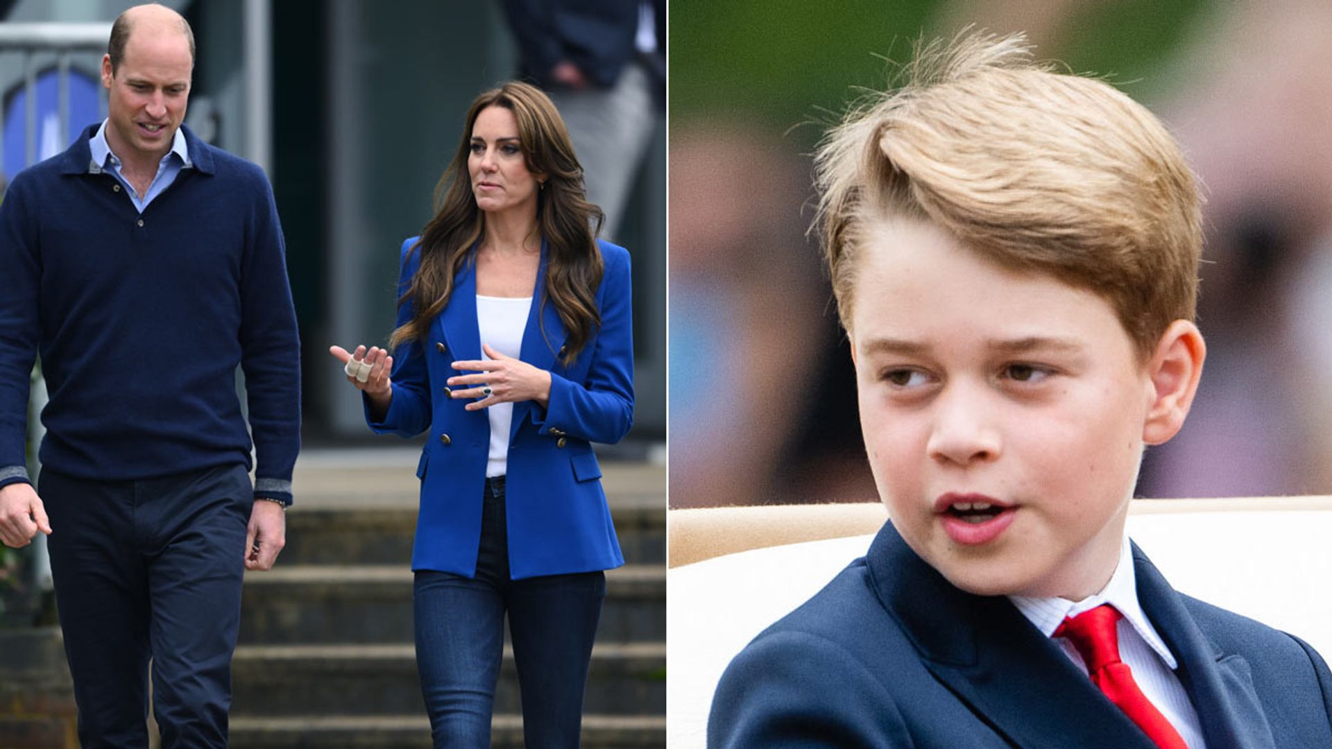 A split image of Prince William and Kate with Prince George