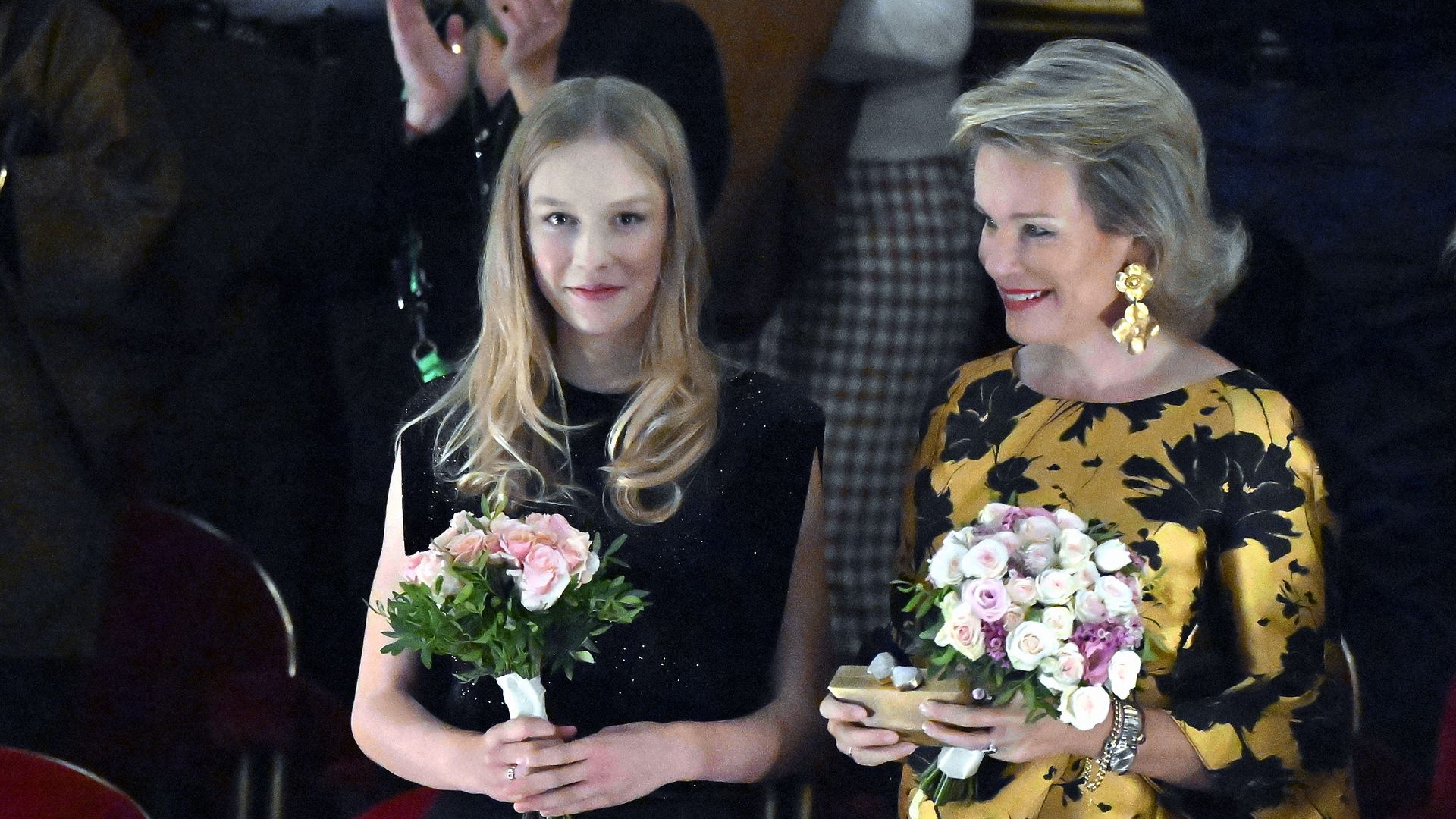 Princess Eleonore and Queen Mathilde of Belgium pictured during a royal visit to the opera Cassandra