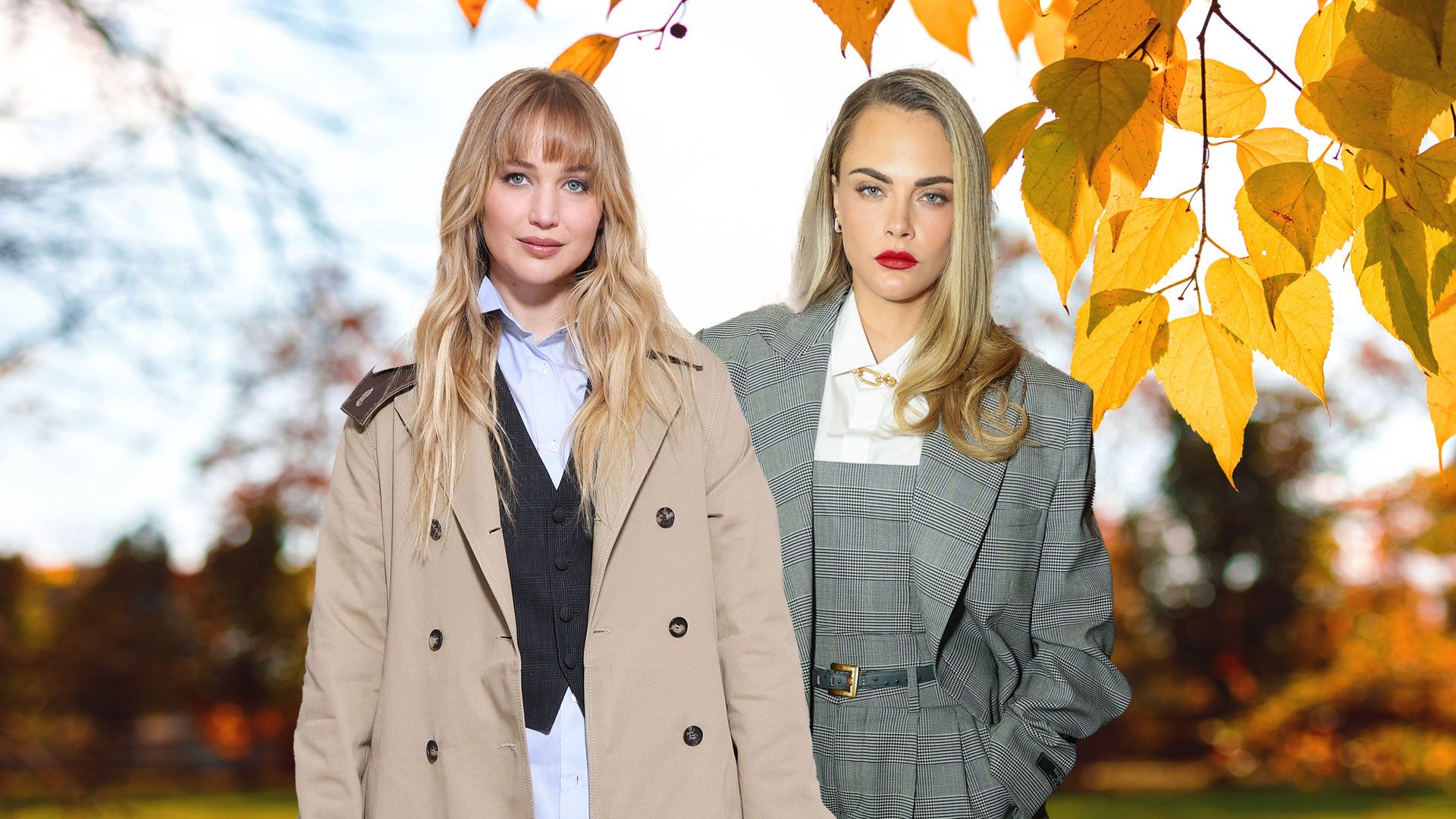 jennifer lawrence in trench with cara delevingne in grey checked blazer 