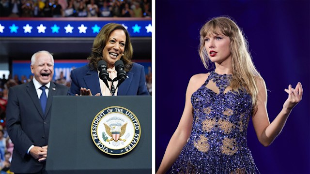 Left: Kamala Harris and Tim Walz, Right: Taylor Swift