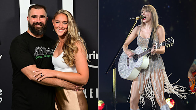 Split image of Jason kelce and Kylie McDevitt and Taylor Swift