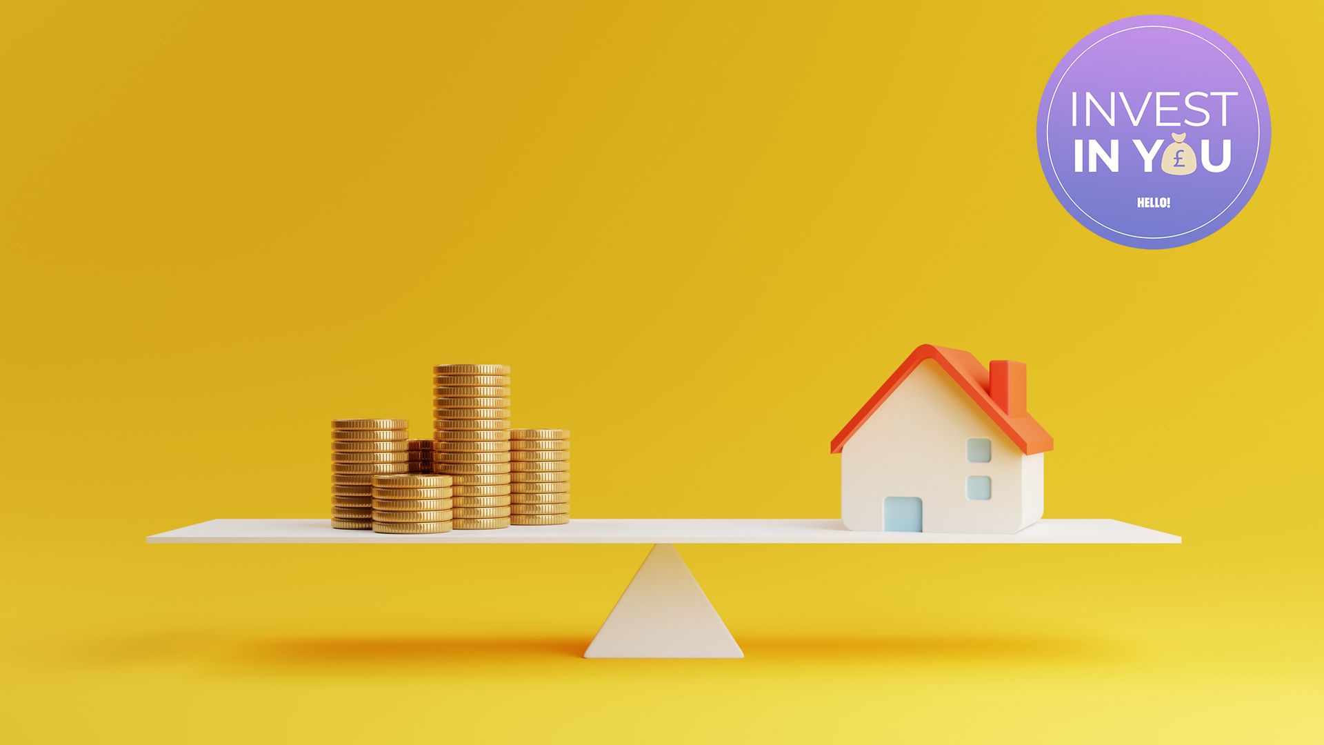 Coins and a house on a scale against a yellow background