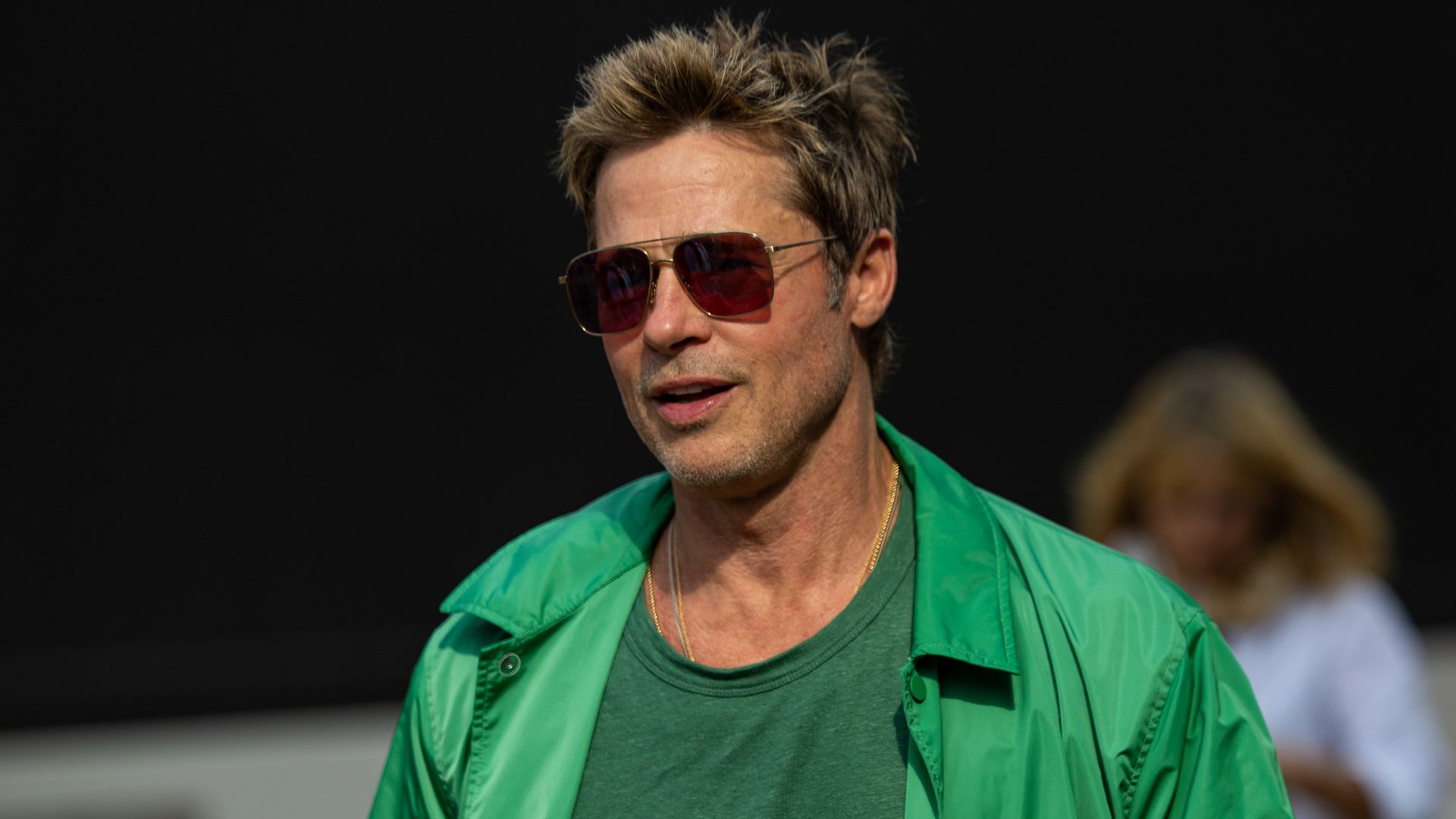 Brad Pitt, star of the upcoming Formula One inspired movie during qualifying ahead of the F1 Grand Prix of Great Britain at Silverstone Circuit on July 8, 2023 in Northampton, United Kingdom