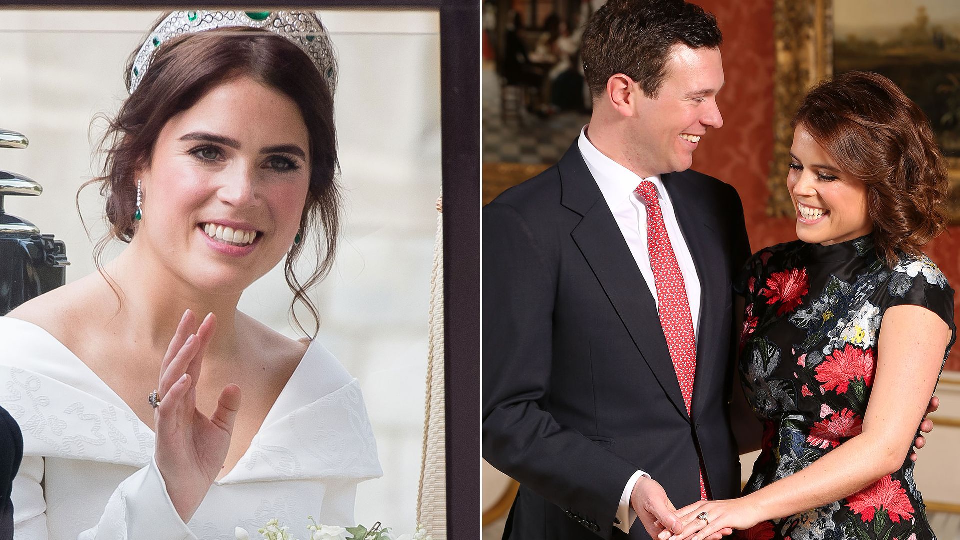 Eugenie on her wedding day and Jack Brooksbank and Eugenie at their engagement interview