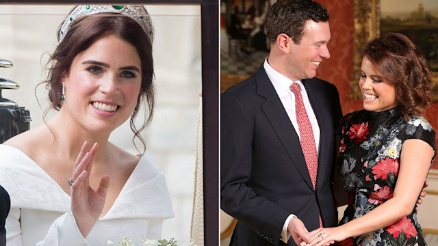 Eugenie on her wedding day and Jack Brooksbank and Eugenie at their engagement interview