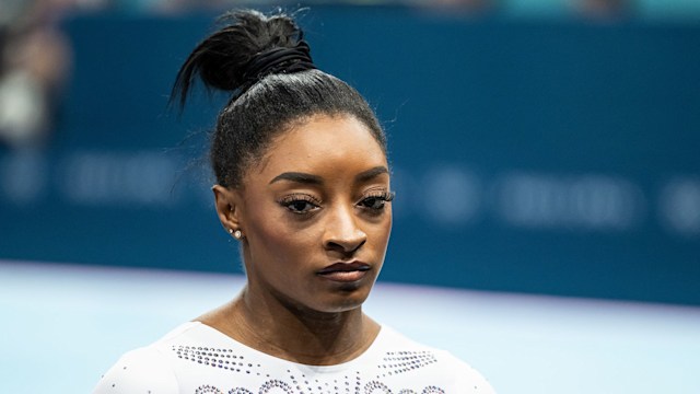 Simone Biles of USA looks on while women's balance beam finale on day ten of the Olympic Games Paris 2024 at Bercy Arena on August 05, 2024 in Paris, France