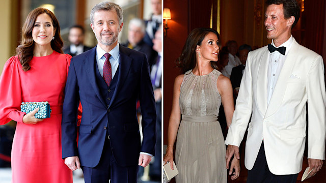 A split image of Queen Mary and Frederik with Joachim and Marie