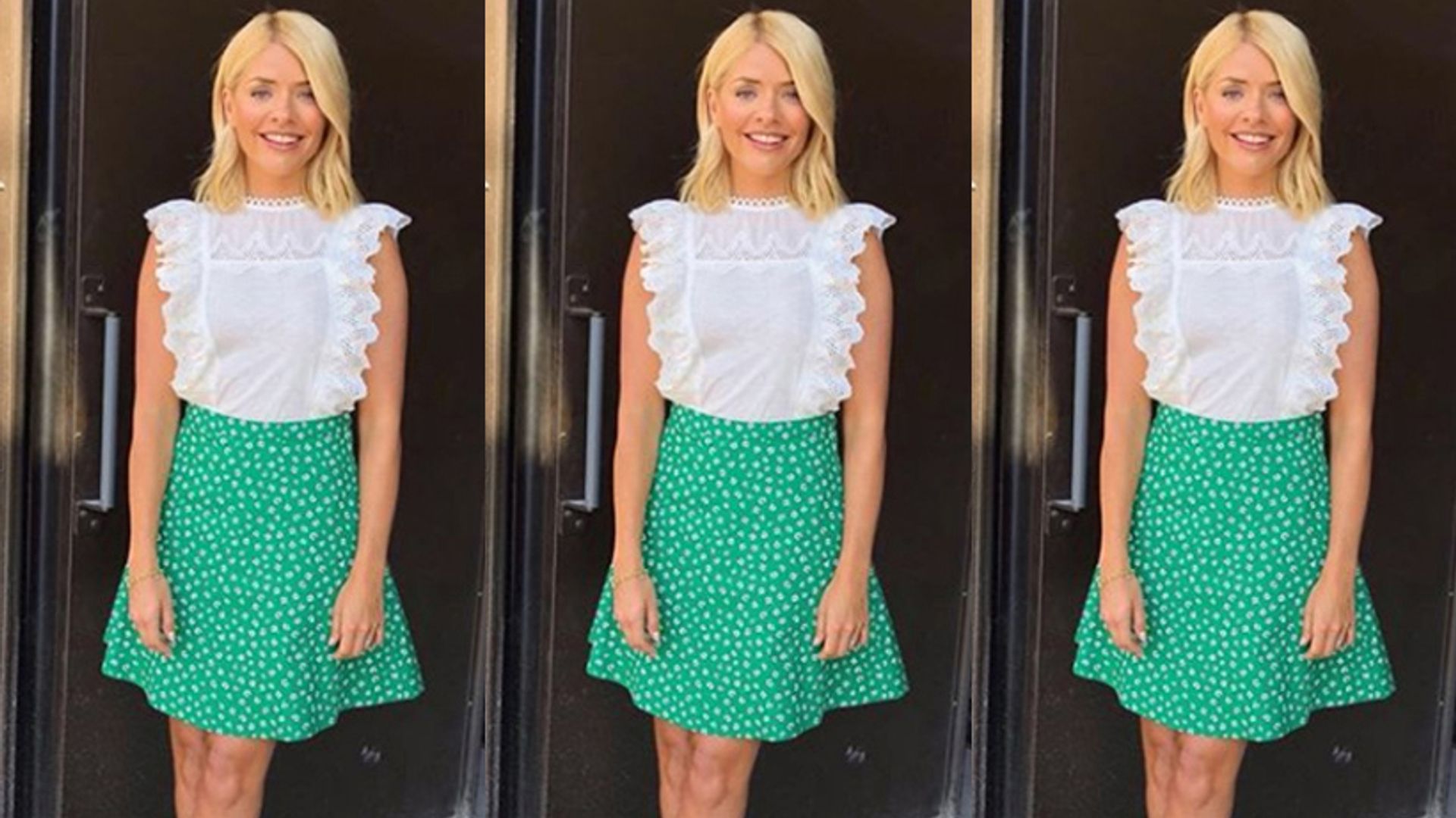 holly willoughby lace top green skirt this morning